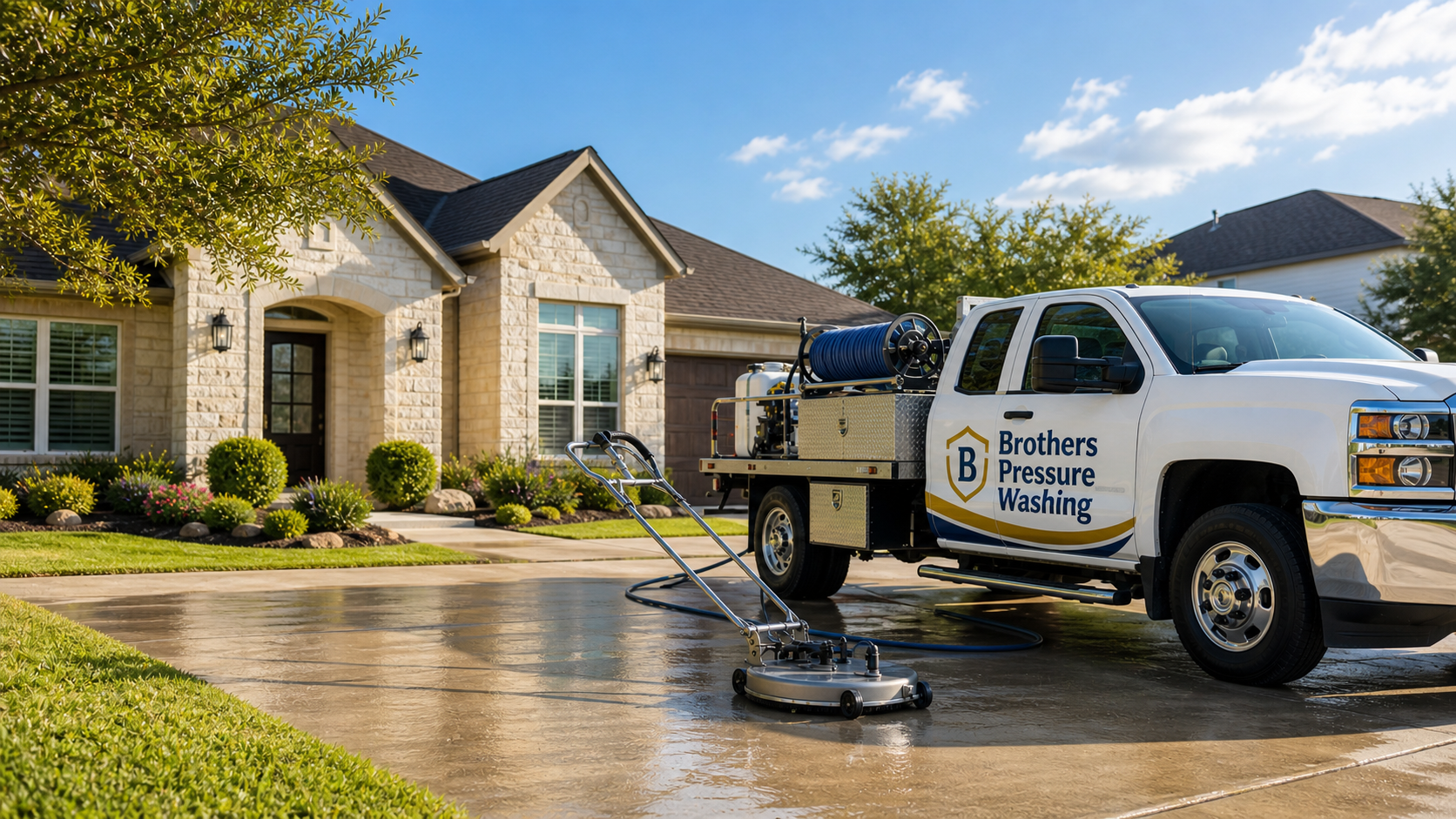 Generated representative Brothers Pressure Washing branded truck and driveway cleaning visual
